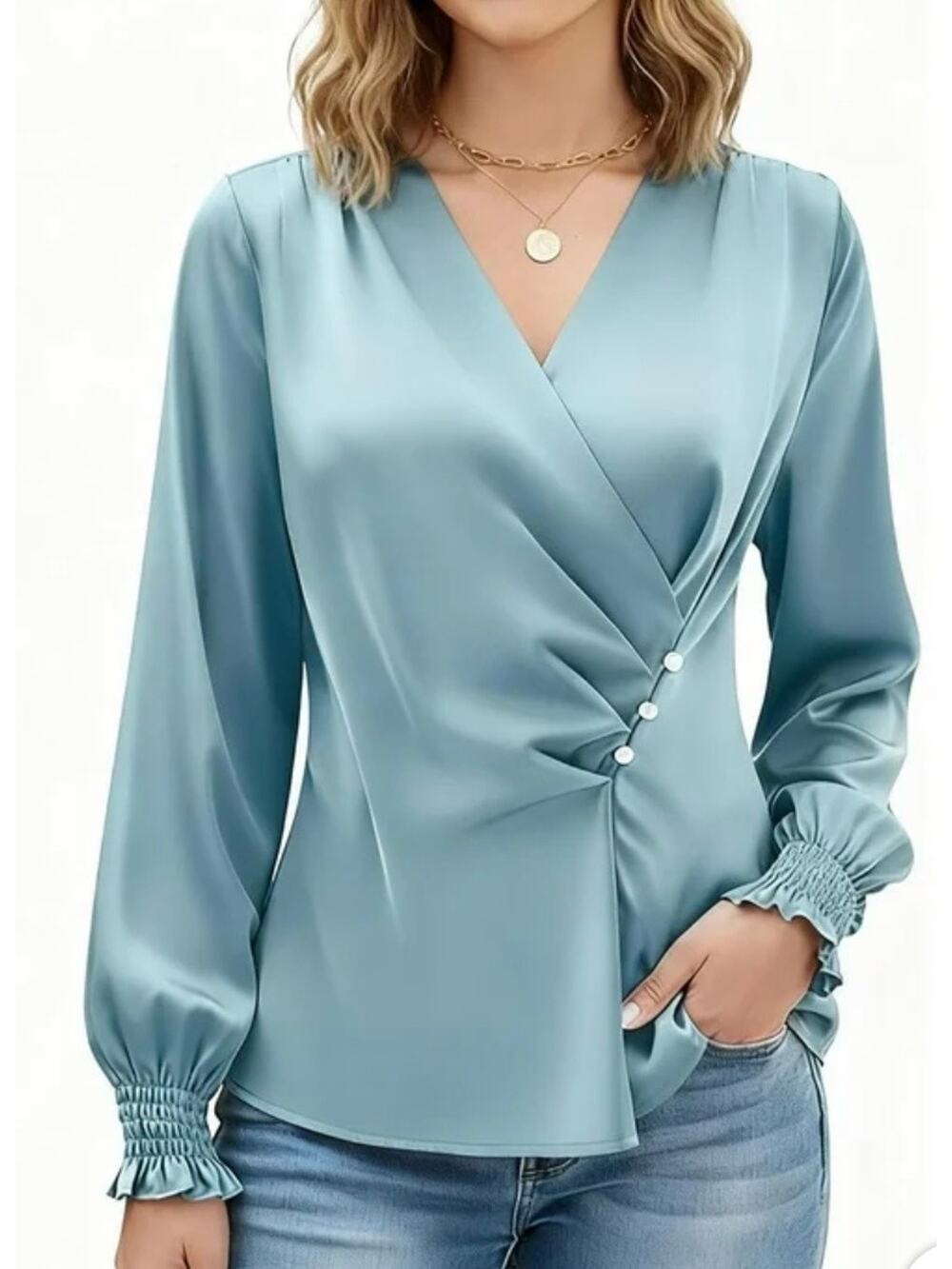 Blooming Jelly Light Blue V-Neck Pleated Long Sleeve Shirt Blouse Size L NWT